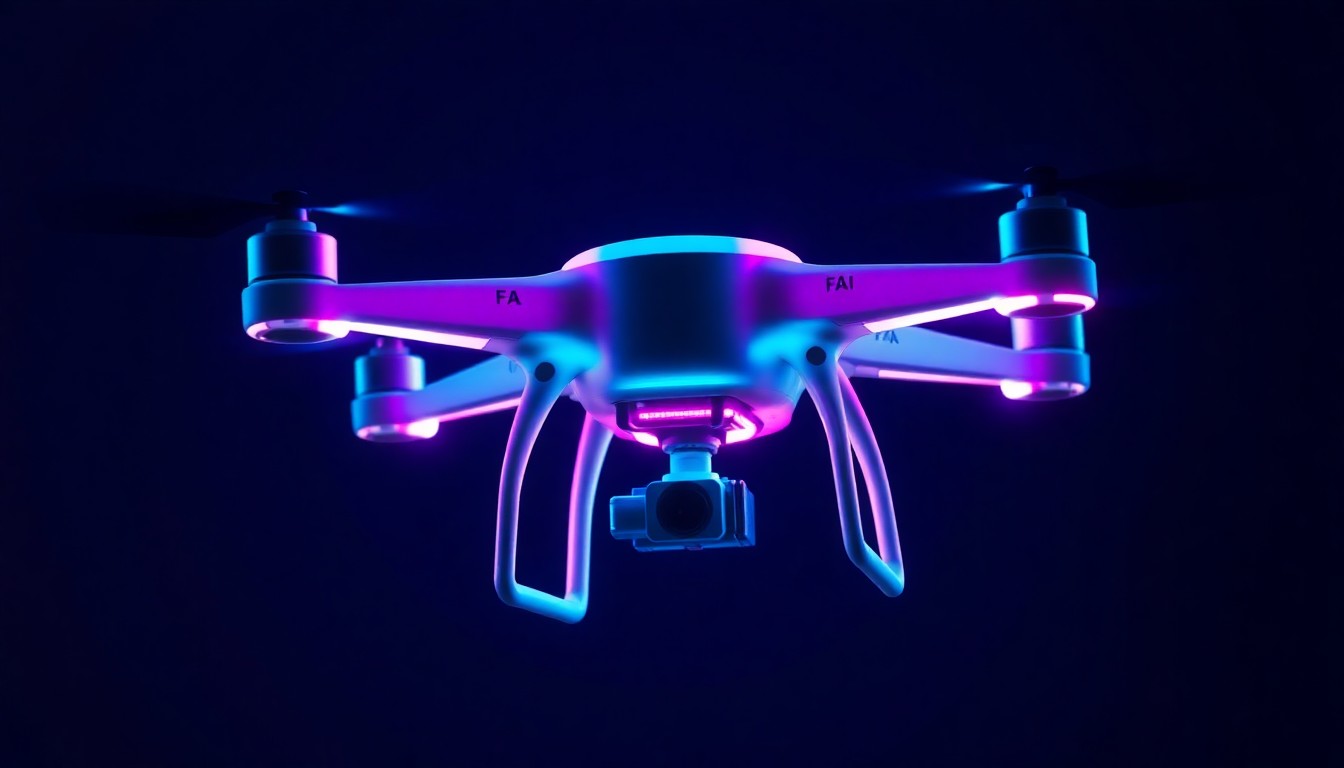 A highly detailed, glowing 3D illustration of a drone with neon cyan and magenta lights, conceptually representing the FAA's enhanced enforcement efforts against drone violations.