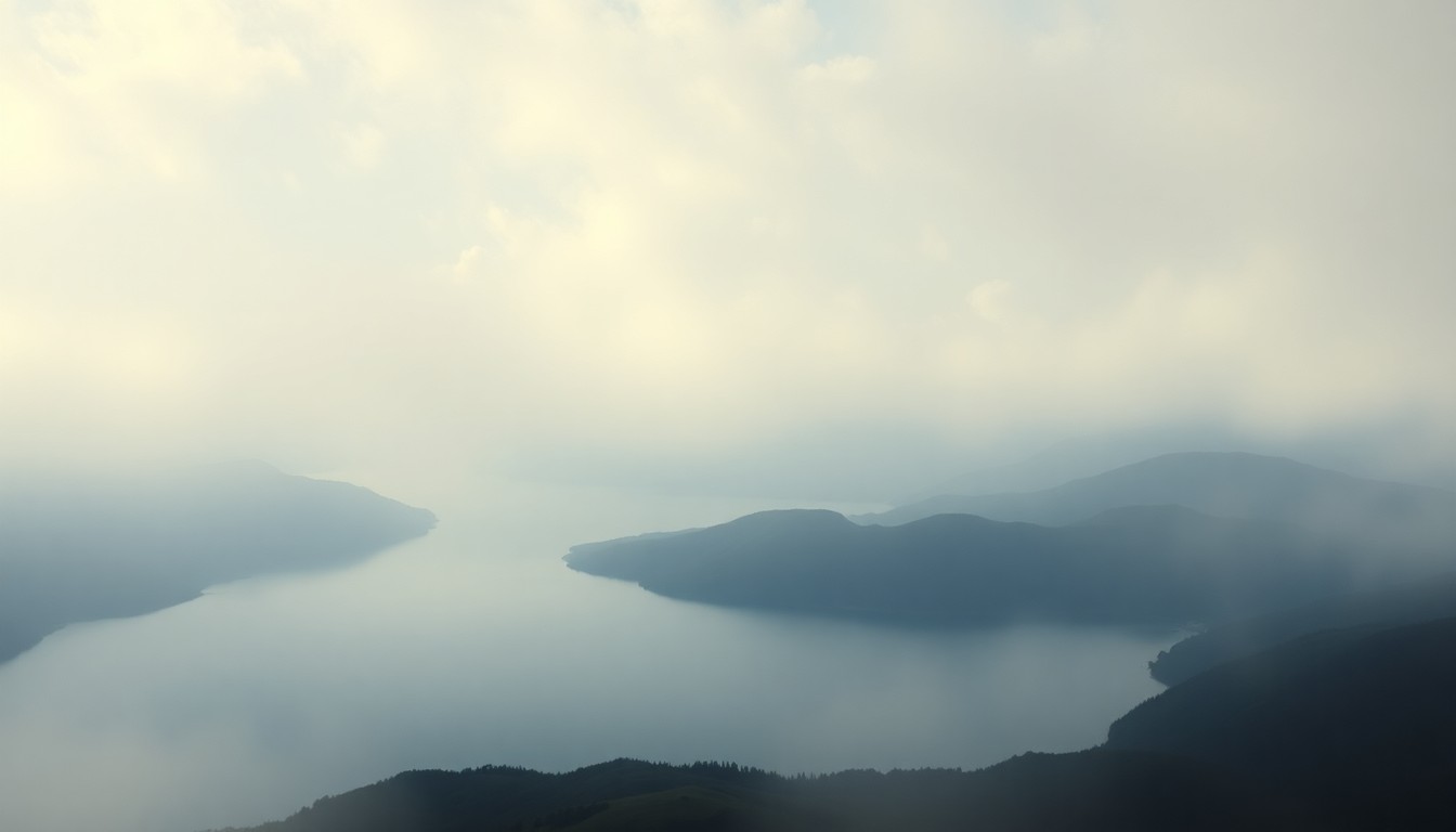 A sweeping, atmospheric landscape painting in muted tones of gray, blue, and green, depicting a large, fog-shrouded reservoir surrounded by rolling hills. The reservoir is the central focus, but its scale is dwarfed by the overwhelming presence of the natural environment, conveying a sense of the sublime power of nature.