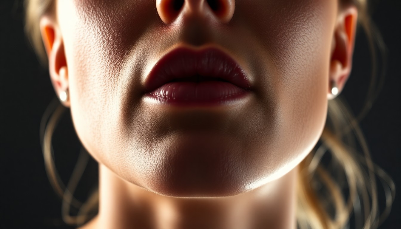 An extreme close-up photograph of LeAnn Rimes' face, with dramatic lighting highlighting the contours and textures of her jaw and neck area, conveying the visceral emotion of the jaw release therapy experience.