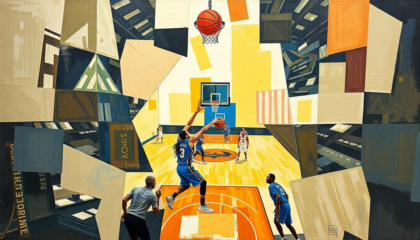A cubist-style painting depicting a basketball game or match, with the players and court broken down into sharp, overlapping geometric shapes and planes in vibrant colors.