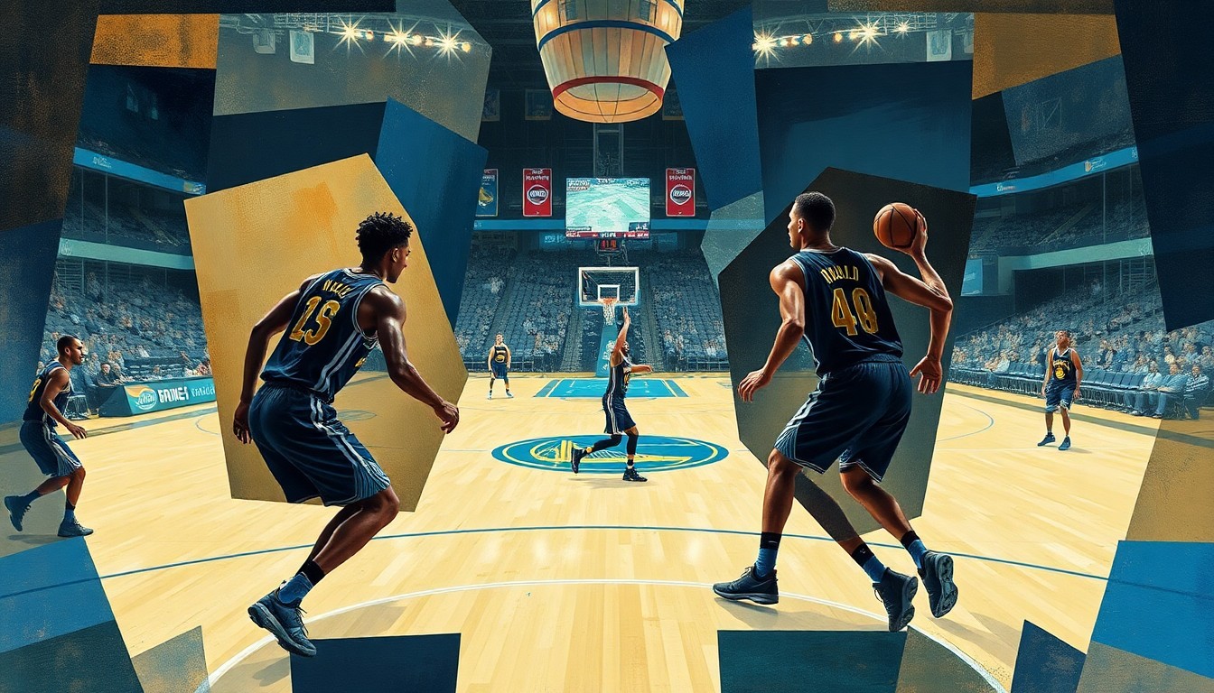 A fragmented, geometric painting depicting a basketball game in muted earth tones and blues, with the players' forms broken down into abstract shapes and planes, reflecting the decline of the once-dominant Golden State Warriors franchise.