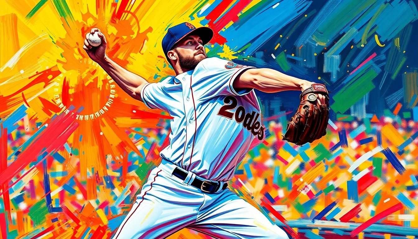 An abstract expressionist painting in neon colors depicting the dynamic motion of a baseball pitcher, conceptually representing the energy and talent of Brandon Williamson's journey from small-town Minnesota to the major leagues.