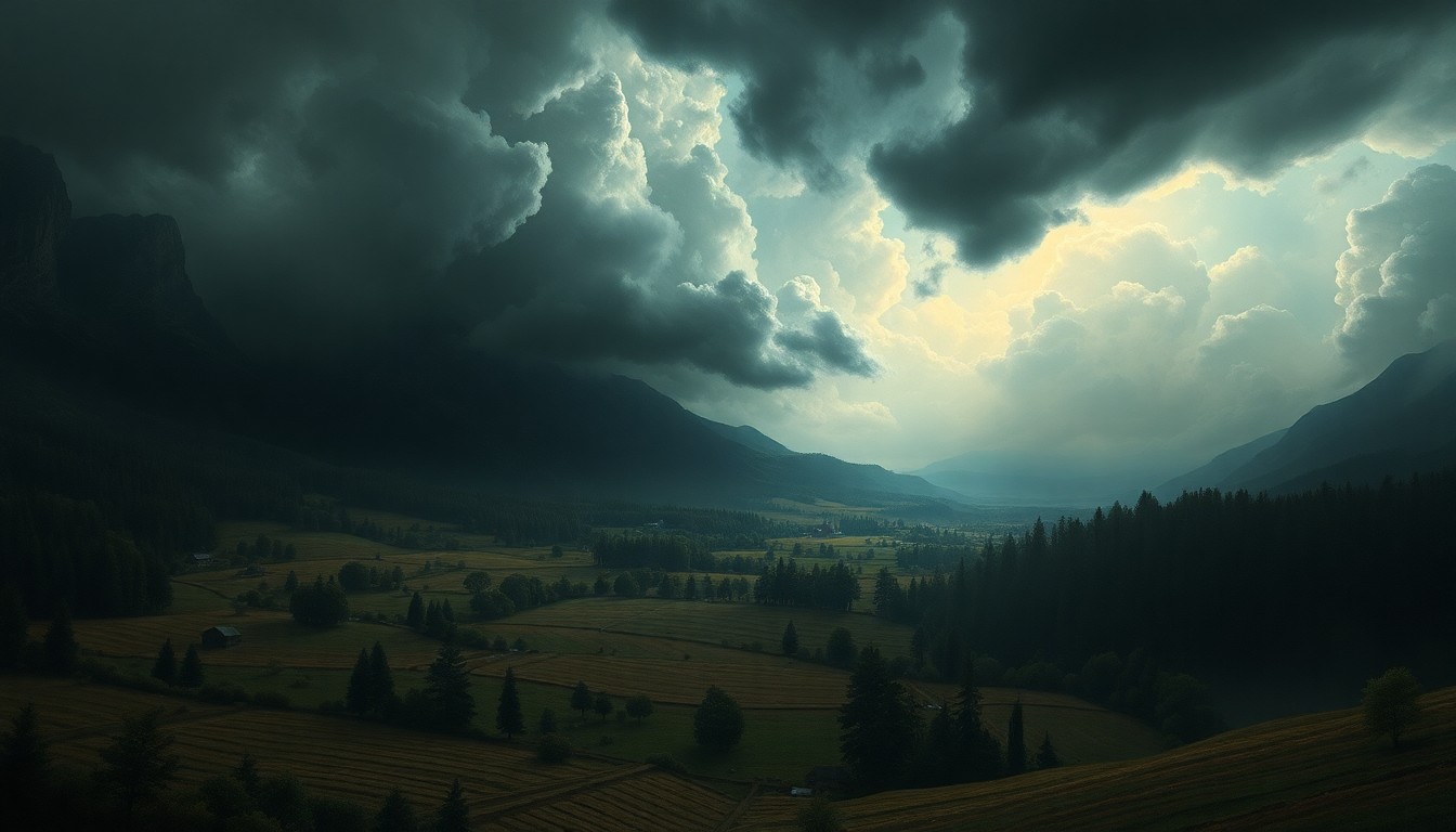 A vast, dramatic landscape painting in muted tones of gray, blue, and green, with a massive, swirling storm system dominating the frame and dwarfing the small, indistinct shapes of damaged farmland and forests below.