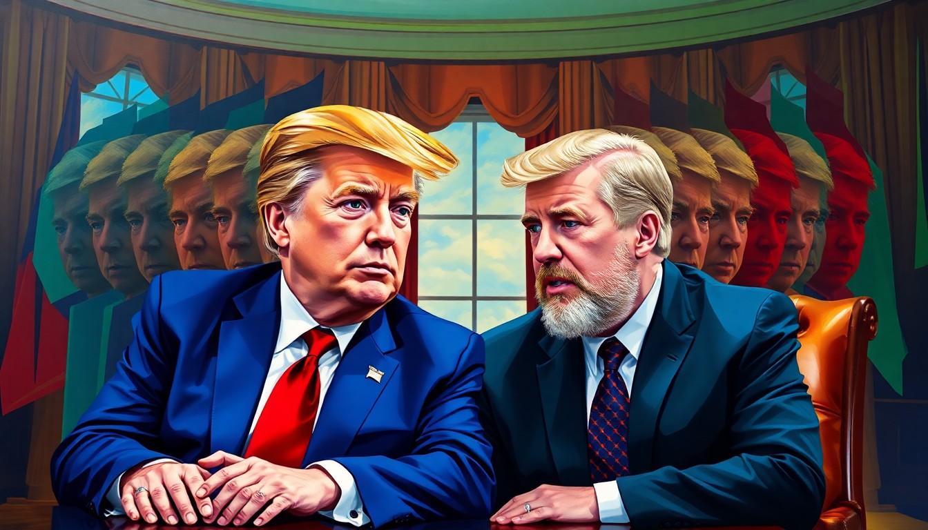 A dynamic, abstract painting featuring the overlapping, fragmented figures of President Trump and Joe Rogan in the Oval Office, rendered in a bold, colorful style that captures the energy and significance of their discussion on psychedelic drug research.