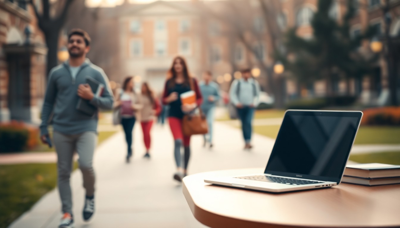 An extremely abstracted, out-of-focus photograph in warm, muted tones depicting a college campus scene with blurred figures, books, and a laptop, conveying the emotional experience of a student struggling to complete their education.