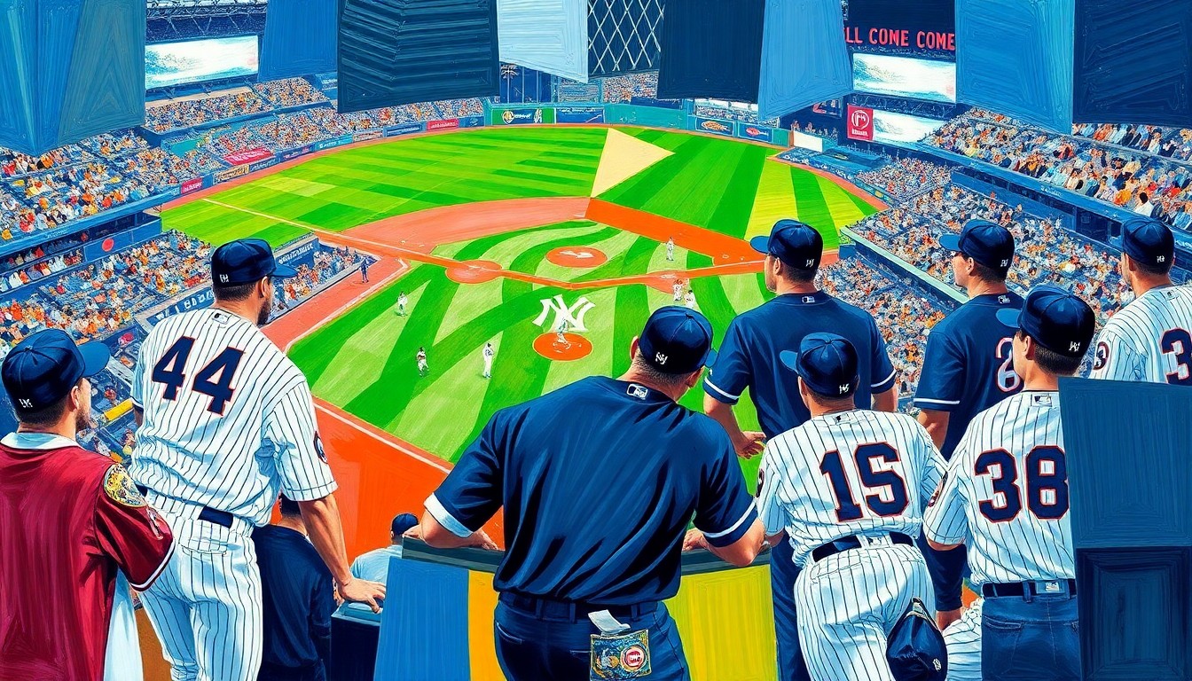 A cubist, geometric painting depicting a baseball game in progress, with the players and field broken down into overlapping angular shapes and planes in the Yankees' team colors of navy blue and white.