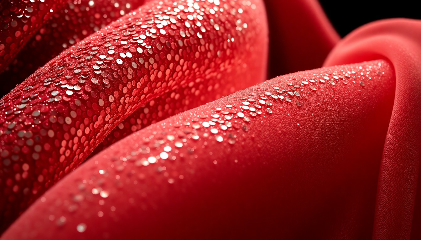 An abstract close-up image featuring shimmering sequins and plush velvet textures, captured in high-contrast studio lighting to convey the conceptual glamour and intensity of the 'Mujeres' ballet.