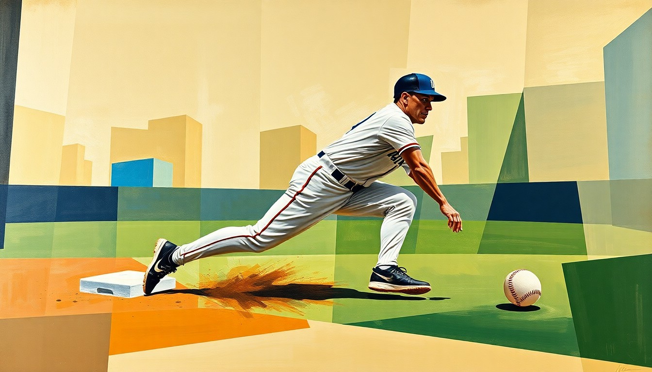 A fragmented, geometric painting depicting a baseball player in motion, with sharp planes of color and form representing the disruption caused by Brendan Donovan's injury issues for the Mariners.