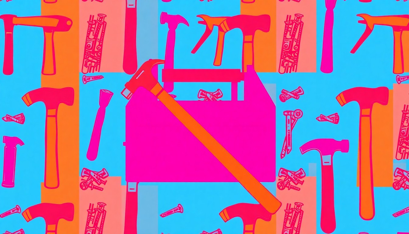 A vibrant, abstract grid of brightly colored home repair tools, including a toolbox, hammer, and nails, conceptually representing the volunteer-driven initiative to assist veterans with home maintenance.