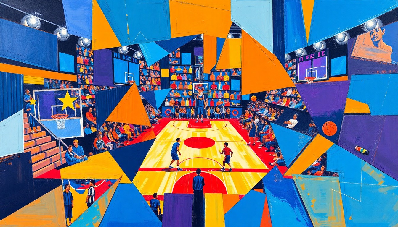 A fractured, geometric painting in bold colors depicting a basketball game or match, with sharp, overlapping planes representing the dynamic action on the court.