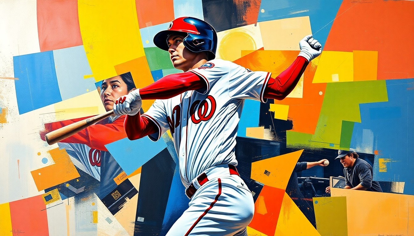 A fragmented, geometric painting depicting the powerful swing of a baseball player, with sharp planes of color representing the Washington Nationals' uniform. The abstract composition captures the raw energy and athleticism of the sport.