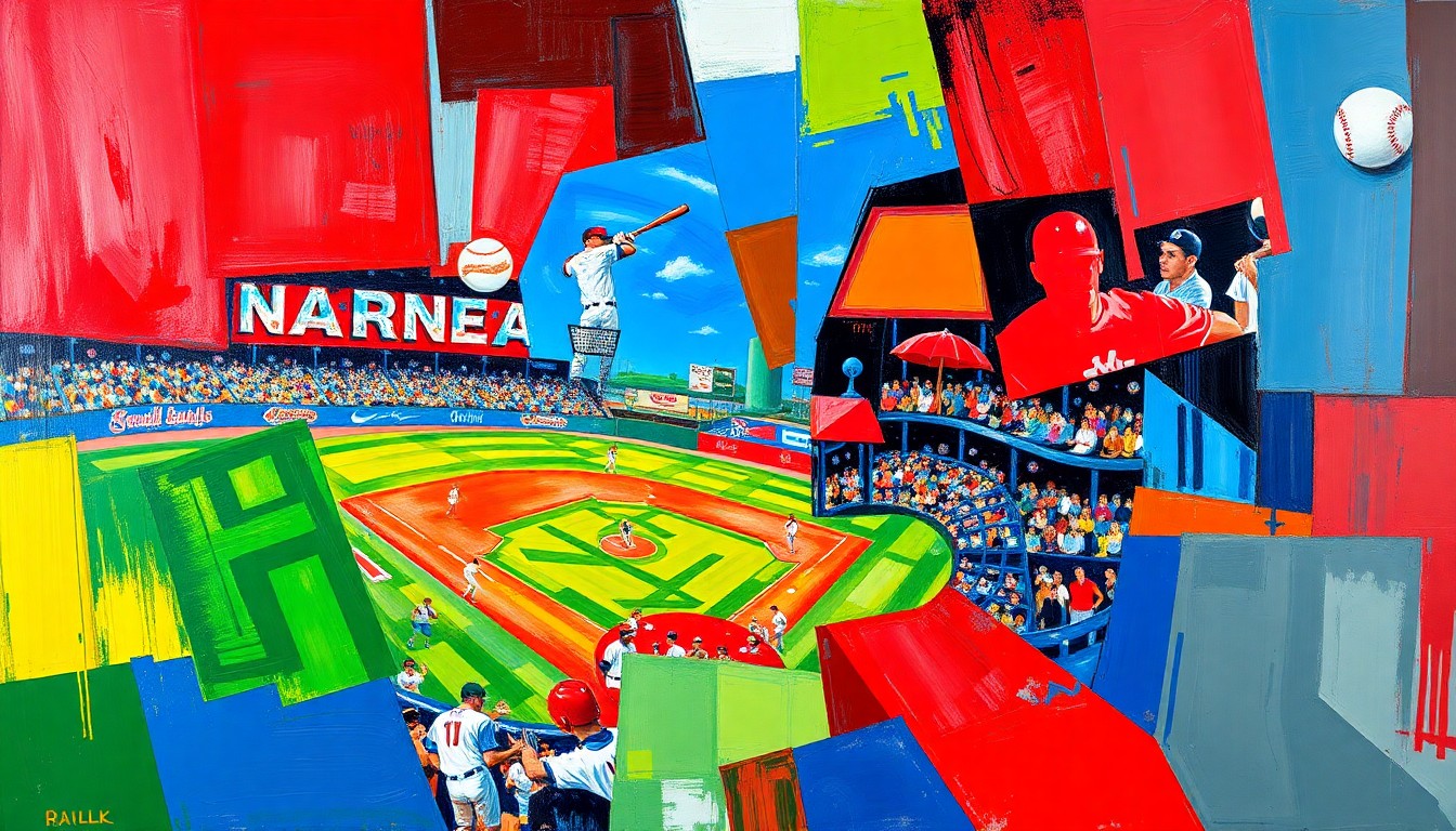 A cubist-style painting depicting a baseball player in motion, with their body and the baseball broken down into overlapping geometric shapes and planes in a vibrant color palette.