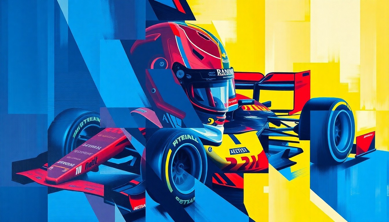 A cubist, geometric painting depicting a Formula 1 car in motion, with the driver's form fractured and abstracted into overlapping planes of color, capturing the raw energy and dynamism of the test session.