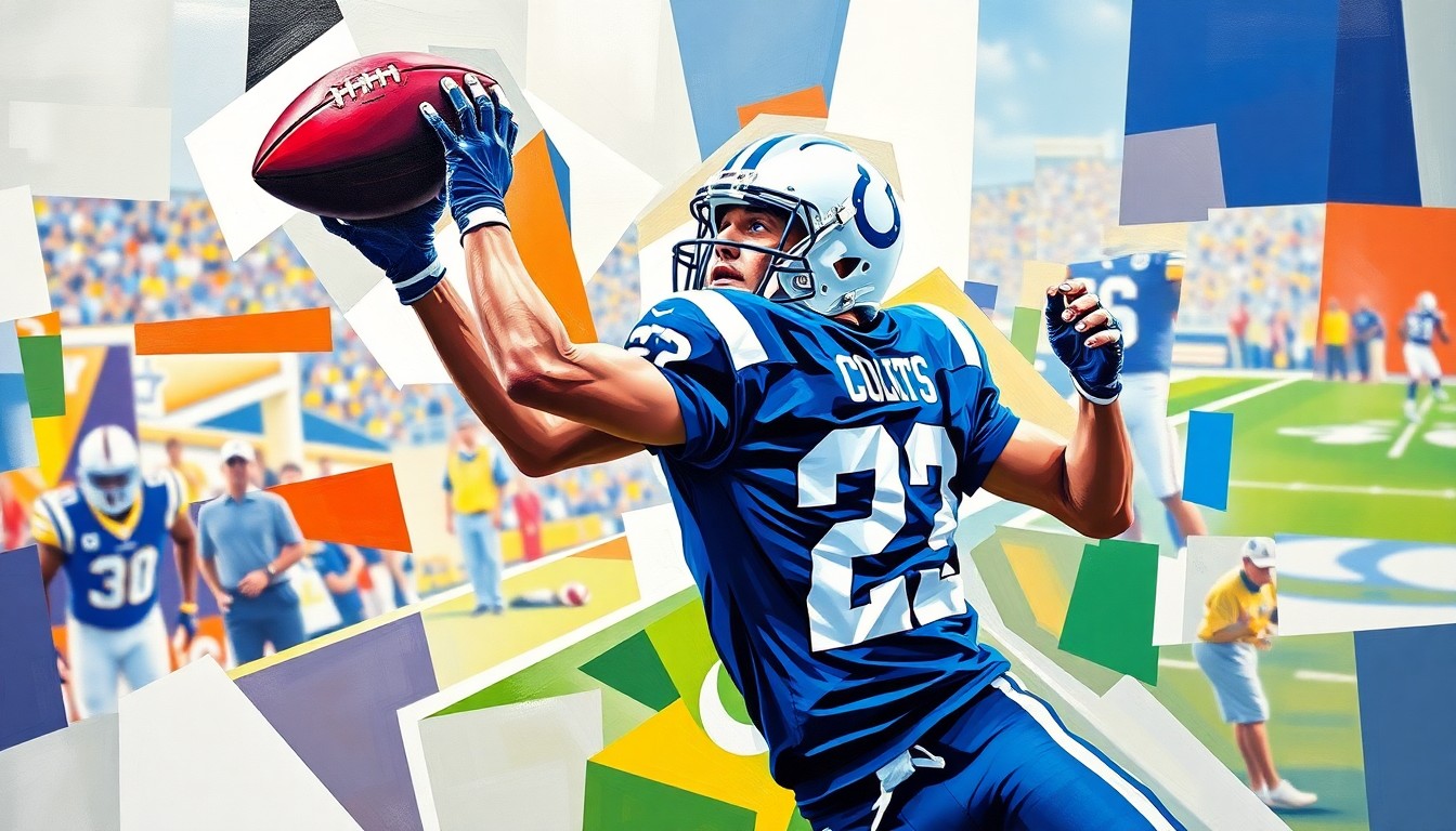 A fragmented, geometric painting depicting a football player in mid-air making a catch, with sharp planes of blue and white colors representing the Colts' uniform. The abstract style captures the dynamic movement and physicality of the sport.