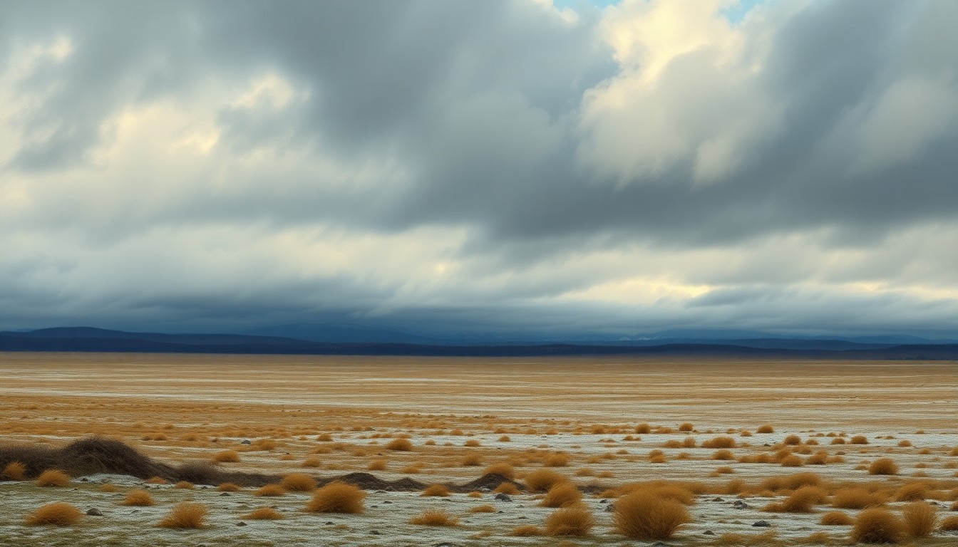 A sweeping, atmospheric landscape painting in muted tones of gray, blue, and white, depicting a frozen, desolate field under a heavy, overcast sky, conveying the overwhelming scale and vulnerability of the natural world to the harsh forces of winter.