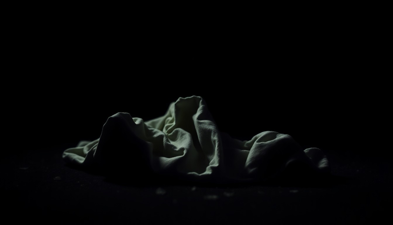 An extreme close-up photograph of a discarded, crumpled piece of clothing or personal item related to the crime, lit by a harsh, direct camera flash against a pitch-black background, conceptually representing the gritty, unsolved nature of this tragic case.