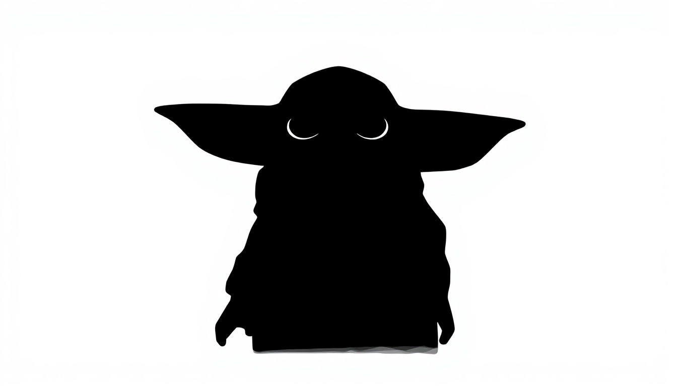 A bold, graphic black silhouette of the character Grogu from The Mandalorian, with a touch of bright red, conveying the character's iconic status and the disappointment of fans if the toys are not made available in the United States.