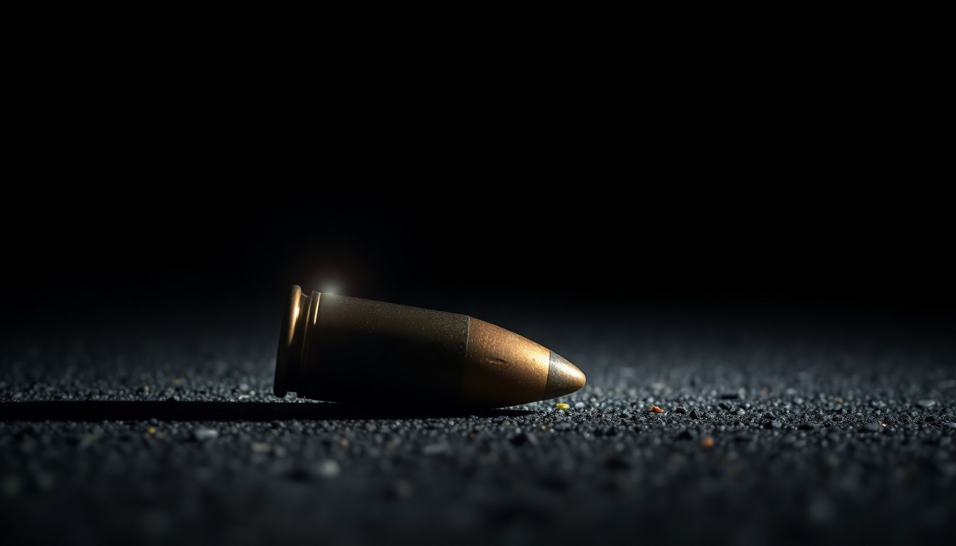 An extreme close-up photograph of a spent shell casing on the dark asphalt, conceptually representing the aftermath of a drive-by shooting incident.