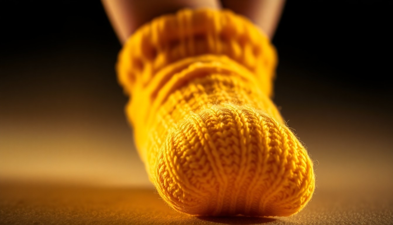 An extreme close-up of a baby's foot in a soft, golden-yellow knit sock, with dramatic studio lighting creating high-contrast, glowing textures to represent the warmth and joy of a family milestone.