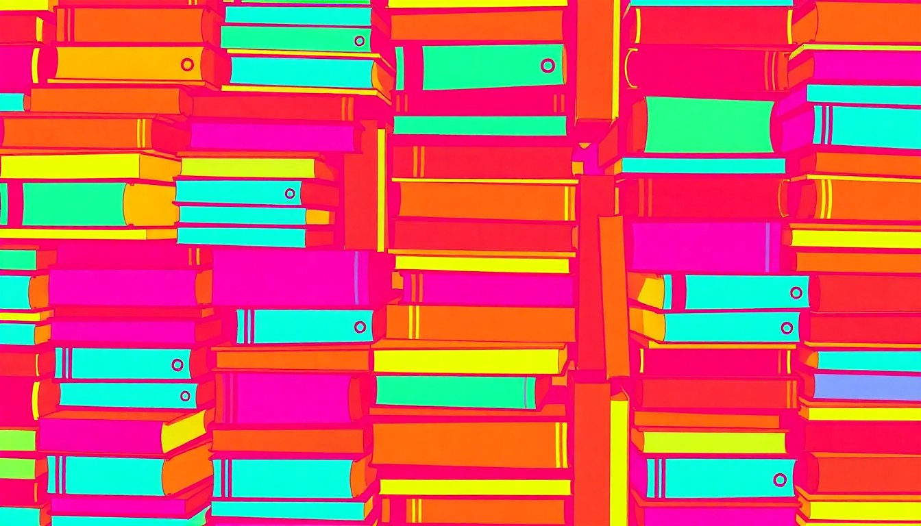 A bold, colorful silkscreen-style illustration featuring a repeating grid pattern of vibrant book spines in neon shades of blue, green, and pink, conceptually representing the wide array of materials and experiences offered by the public library.
