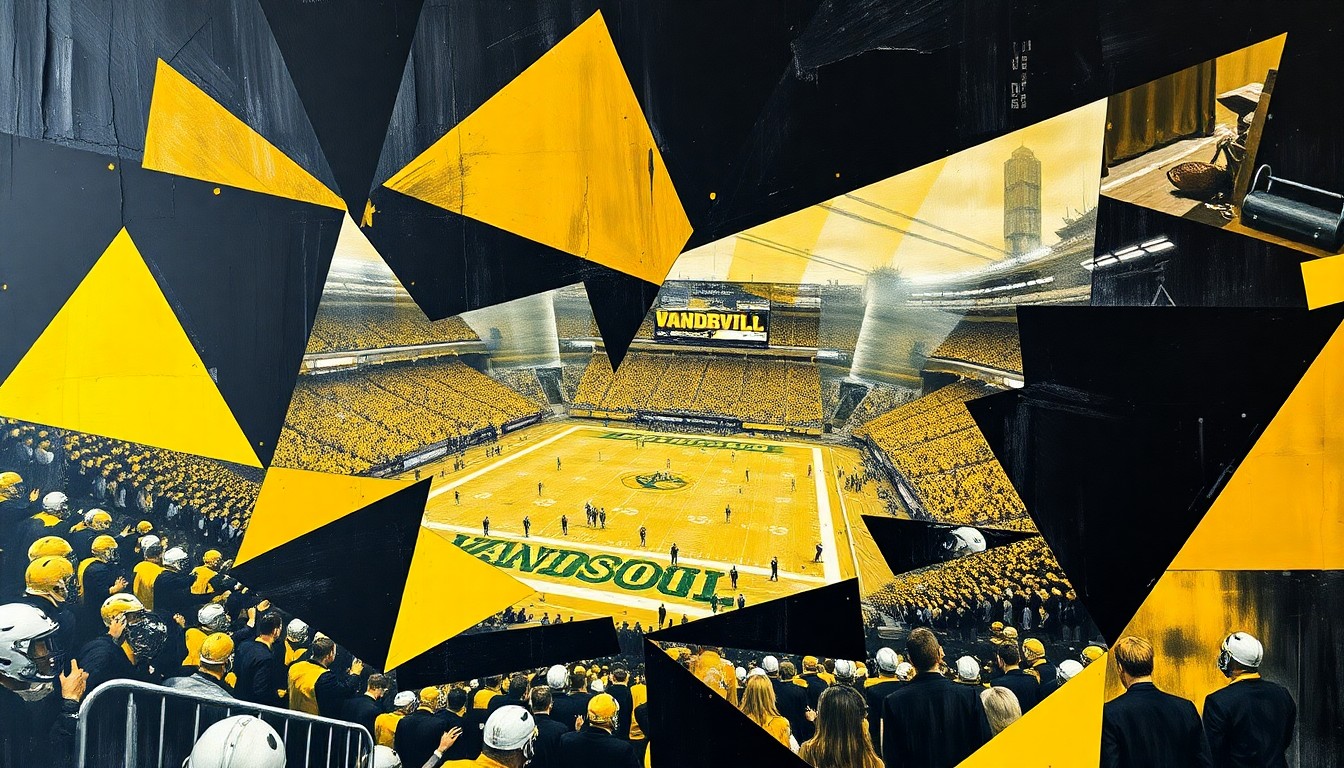 A cubist, geometric painting depicting a Vanderbilt football game, with the players and field broken down into overlapping angular shapes in the team's black and gold colors, conveying the dynamic energy and strategic complexity of the sport.