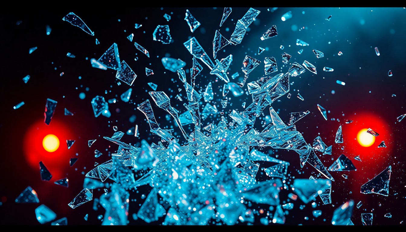 An extreme close-up of shattered glass and glittering shards in high-contrast black and white, conveying the complex feelings surrounding the end of a popular television character's story.
