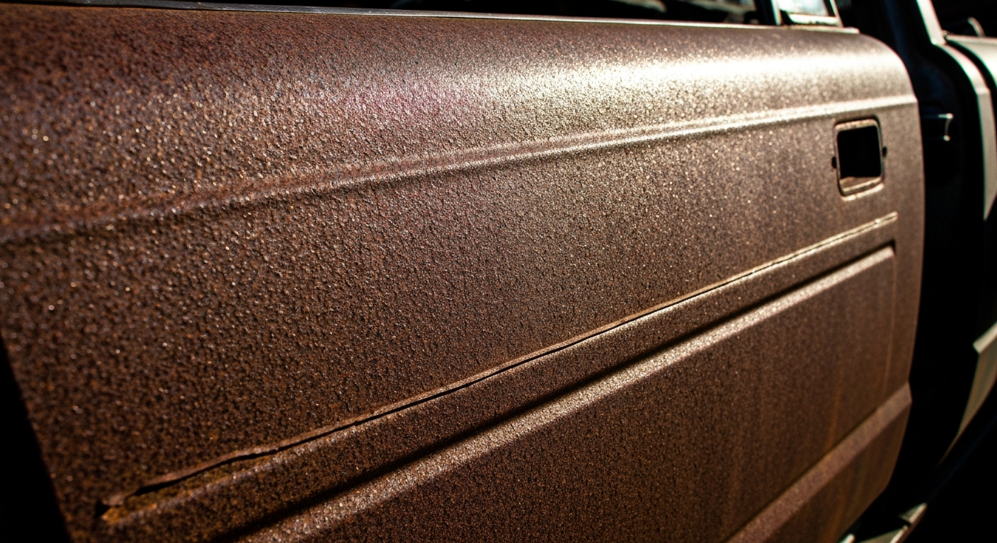 An extreme close-up of a rusted, pebbled car door surface reflecting harsh sunlight, conveying the decay and neglect of the abandoned vehicles in the Mustang Ridge junkyard.