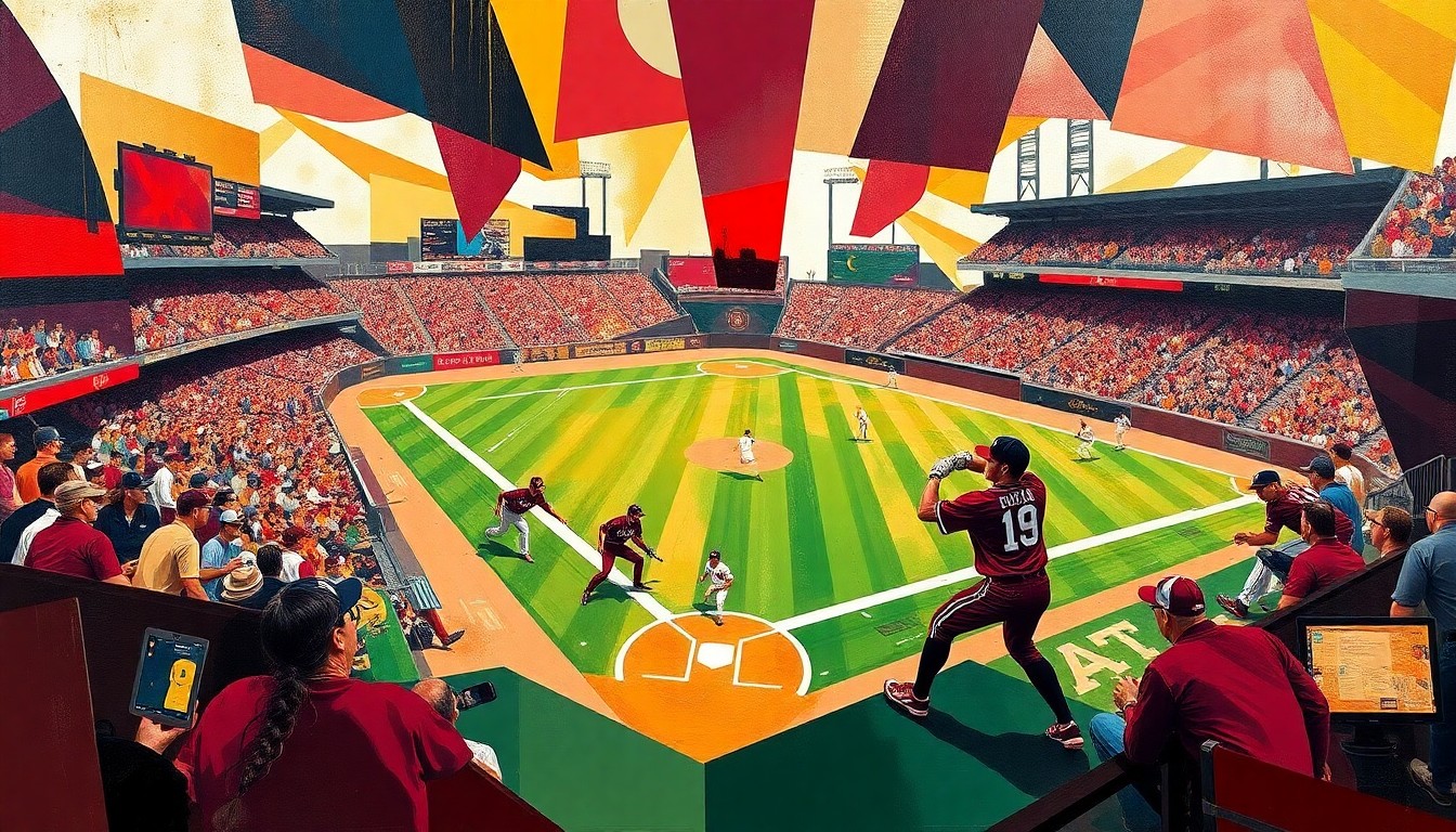 A fractured, geometric painting in vibrant colors, capturing the dynamic movements and energy of a baseball game through an abstract, multi-perspective lens.