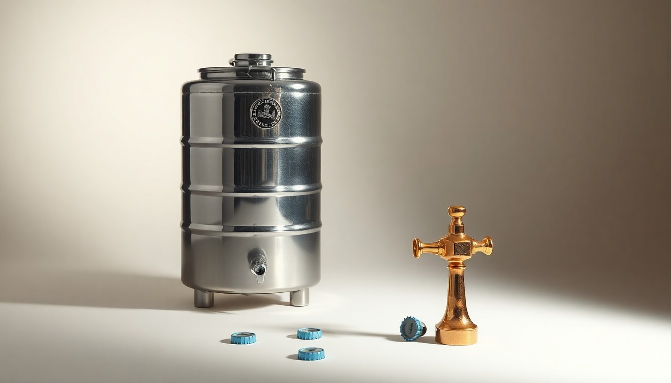 A high-end, photorealistic studio still-life photograph featuring a gleaming stainless steel beer fermenter, a polished brass tap handle, and a few scattered bottle caps on a clean, monochromatic background, conceptually representing the changing tides of the brewing industry.