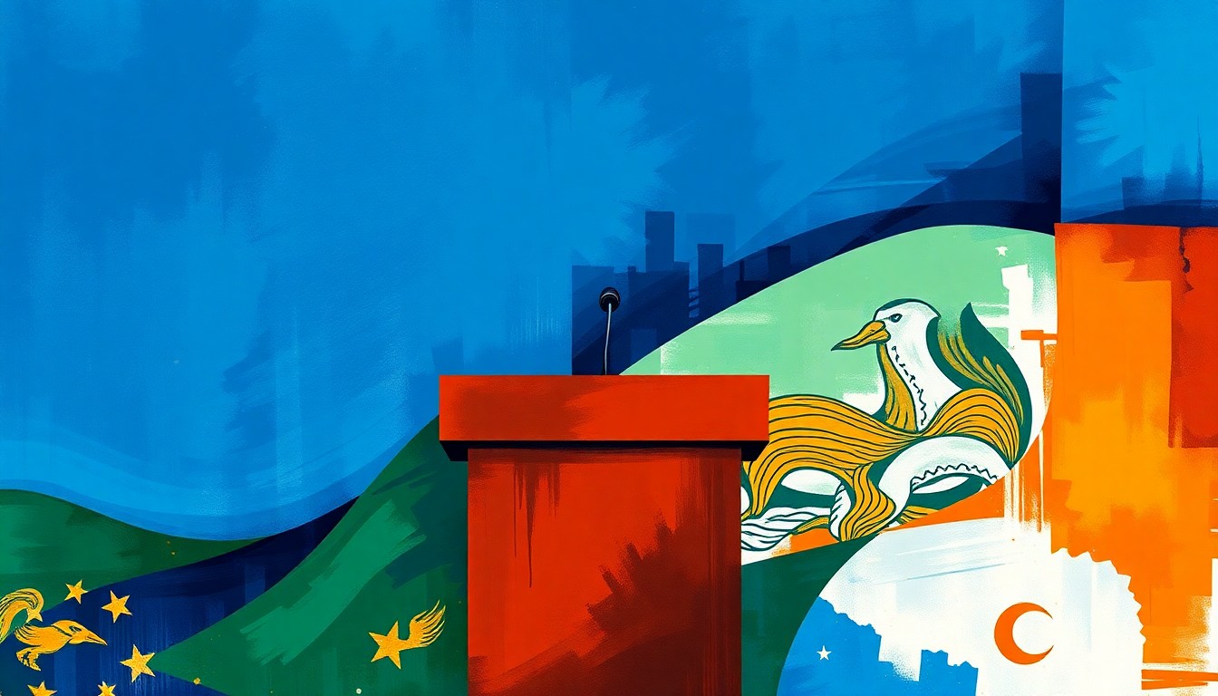 An abstract, fractured painting in shades of blue, green, and orange, depicting the shapes of a podium, microphone, and Iowa state flag, conveying the energy and tension of a political debate.