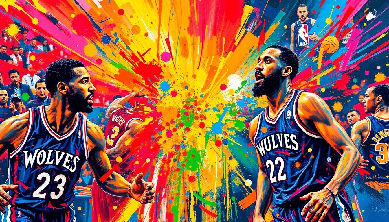 An abstract, expressionist painting in vibrant neon hues, capturing the raw energy and intensity of an NBA playoff game with players' forms dissolving into dynamic brushstrokes.