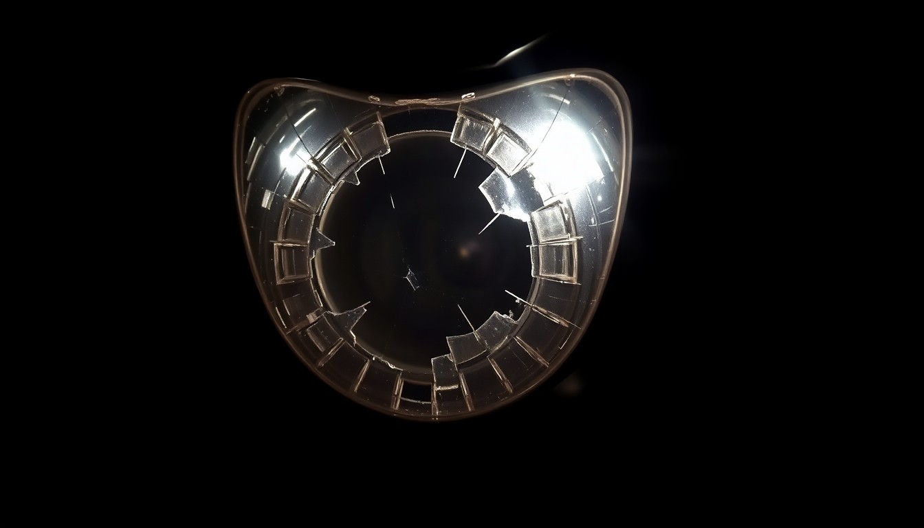 An extreme close-up photograph of a shattered motorcycle taillight lens against a pitch-black background, capturing the stark, gritty aftermath of a fatal collision.