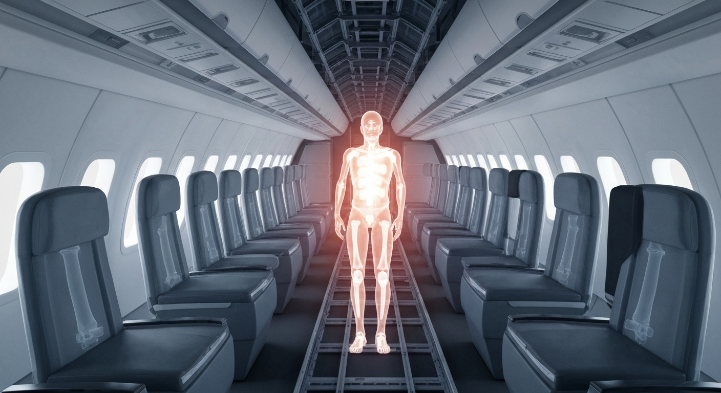 A ghostly, translucent X-ray image showing the internal structure of an airplane cabin, with a glowing figure representing a person experiencing a medical emergency.