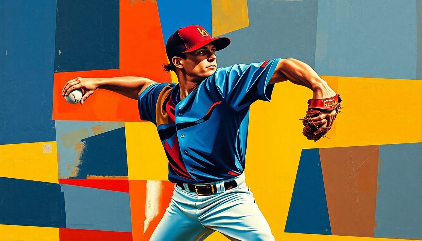 A fractured, multi-angled painting depicting the motion of a baseball pitcher, with sharp geometric shapes and planes in navy, red, and yellow, conveying the tension and uncertainty surrounding the Guardians' closer role.