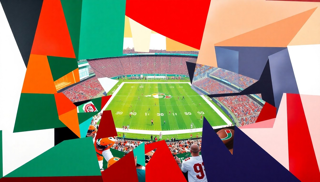 A fragmented, geometric painting in bold shades of scarlet, gray, and orange, representing the clash between Ohio State and Miami on the college football field.