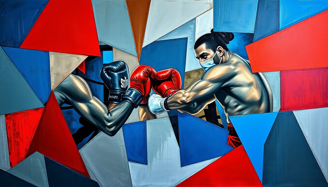 A cubist-style painting featuring overlapping geometric shapes and planes in shades of blue, red, and gray, conceptually representing the fragmented and multi-dimensional nature of a boxing match or training session.