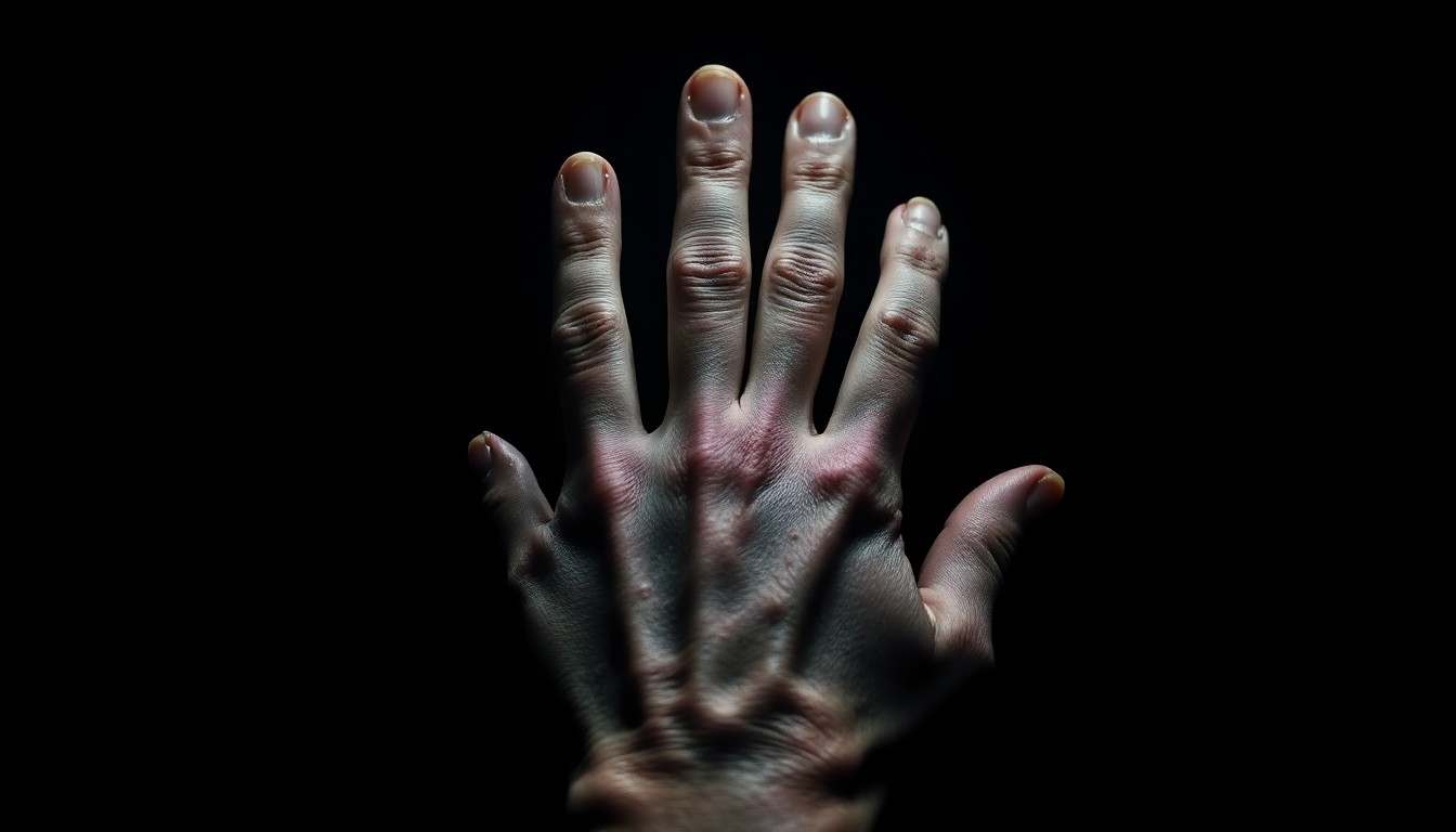 An extreme close-up photograph of a severely damaged human hand with missing fingers, the result of a building facade collapse, captured in a stark, gritty style that conveys the seriousness and urgency of the incident.