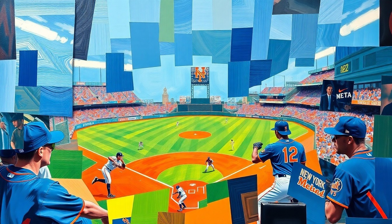 A cubist, geometric painting depicting a baseball game or match, with the players and field broken down into overlapping planes of vibrant blue and orange colors representing the New York Mets' uniform colors.