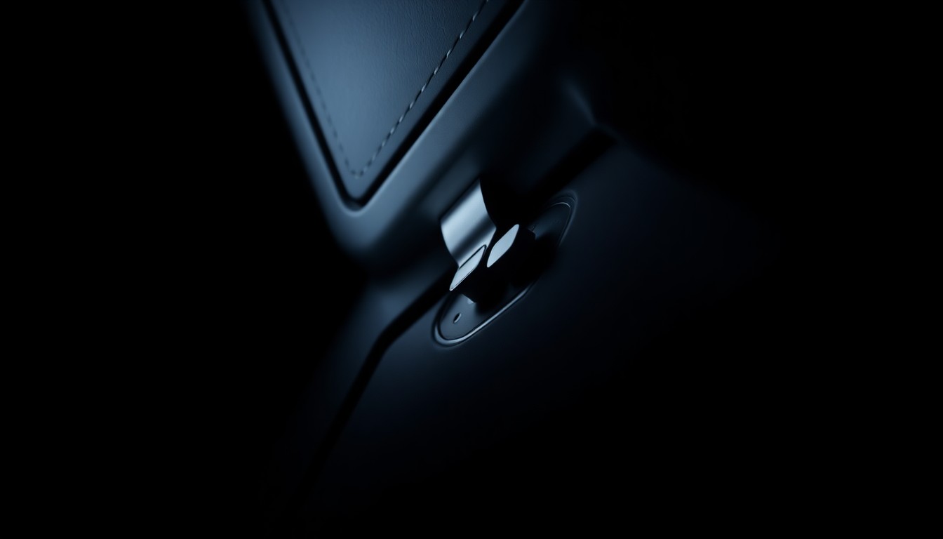 An extreme close-up photograph of an airplane emergency slide latch, capturing the metallic texture and dramatic lighting to convey a sense of urgency and investigation around the security incident.