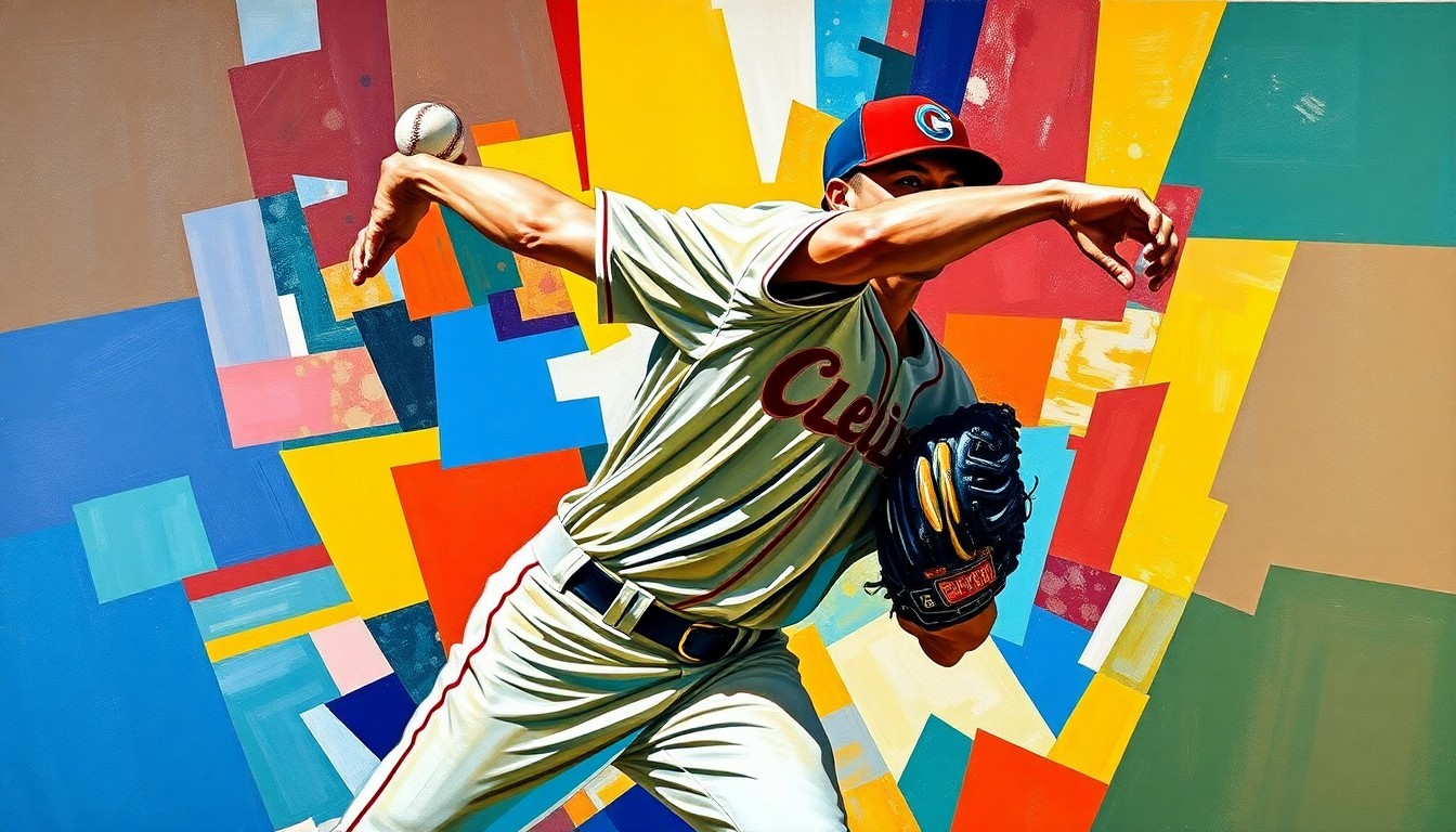 A cubist-style painting depicting a baseball pitcher's motion broken down into sharp, overlapping geometric shapes in the Guardians' team colors of navy blue, red, and white, conveying the fractured nature of Allard's journey back to the major leagues.