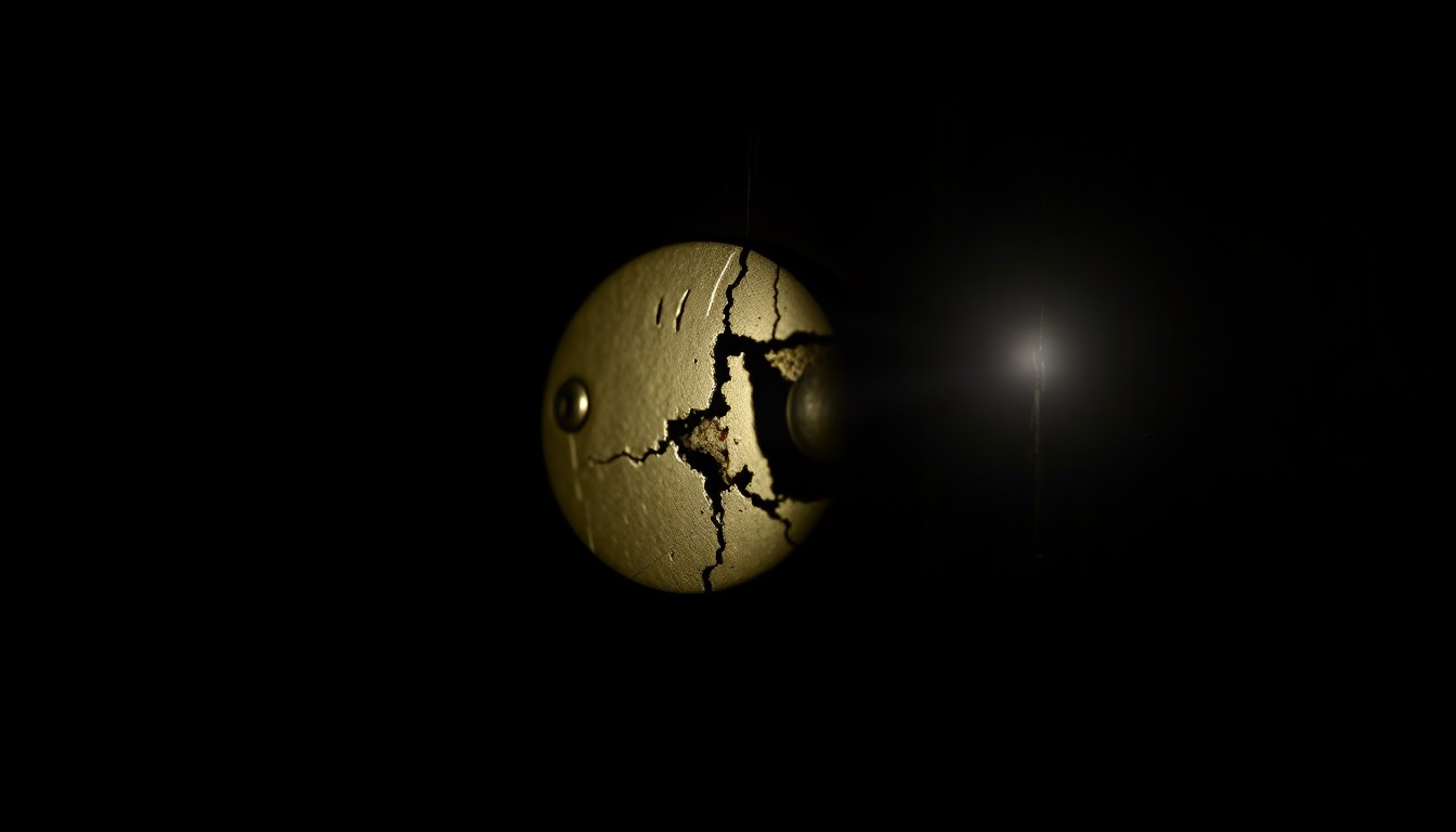 An extreme close-up photograph of a damaged door handle, lit by a harsh flash against a dark background, conveying a sense of intrusion and investigation.