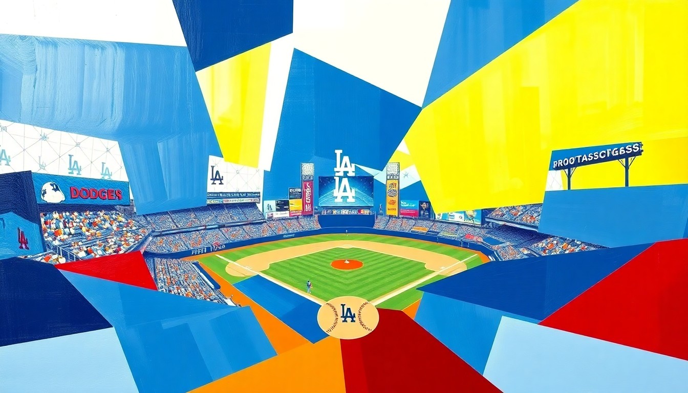A cubist, geometric painting depicting a baseball game in motion, with sharp, overlapping planes of blue, white, and red representing the Dodgers' multifaceted excellence on the field.
