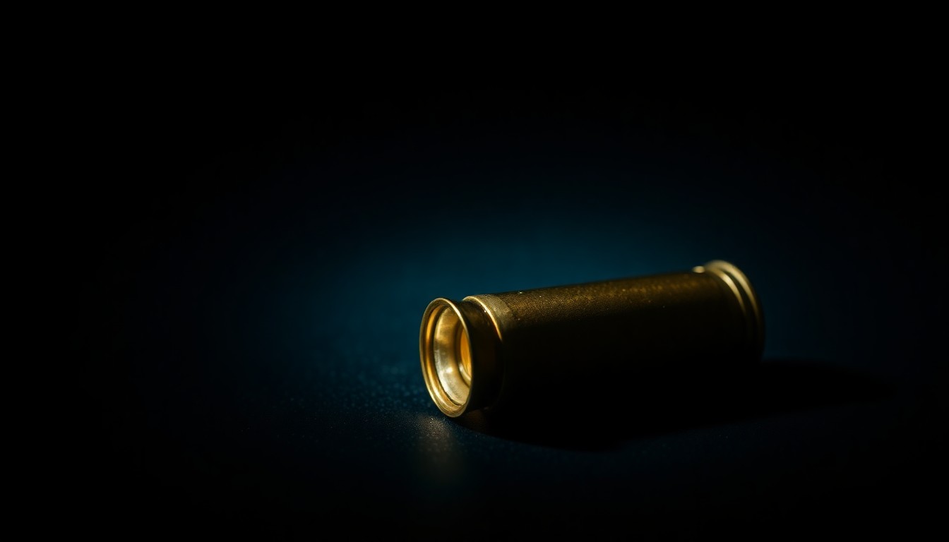 An extreme close-up photograph of a single spent shell casing on a dark surface, lit by a harsh, direct camera flash, conceptually illustrating the aftermath of a workplace shooting incident.