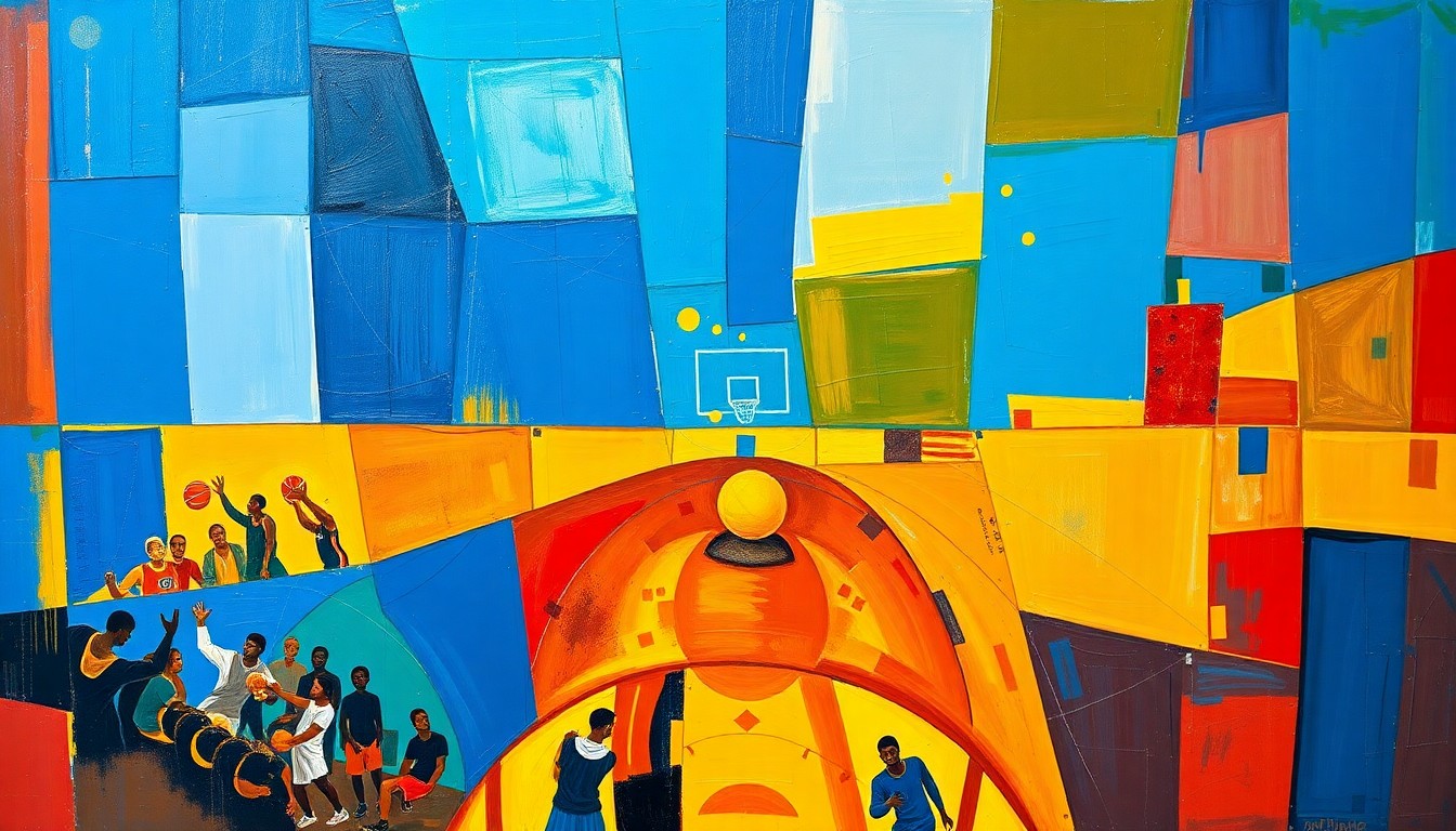 A cubist, geometric painting depicting a basketball game or match, with sharp, overlapping planes of color representing the dynamic action on the court.
