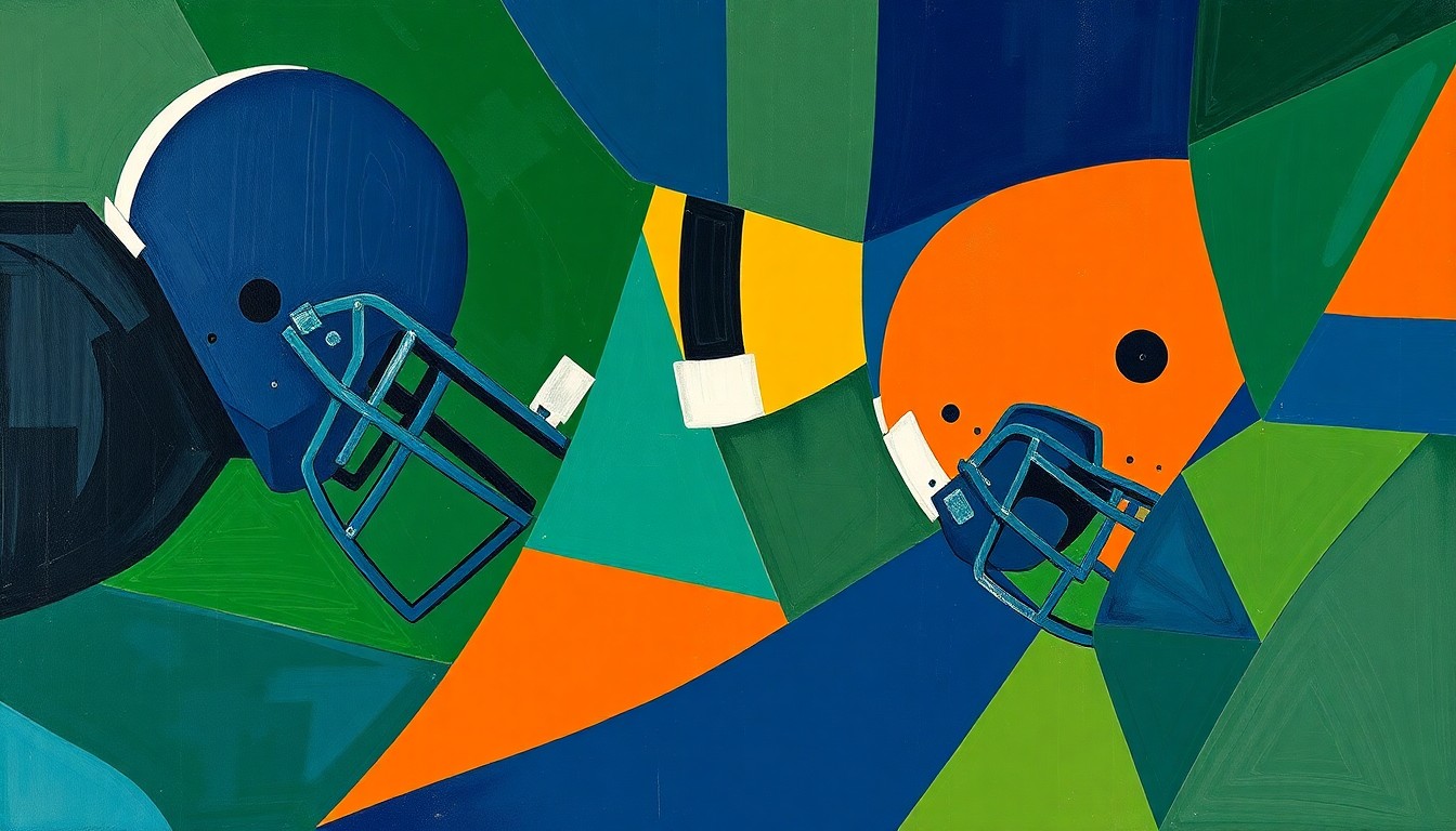A cubist, geometric painting depicting the fractured, multi-angled movements of a defensive line, capturing the raw power and intensity of NFL football in an abstract, deconstructed style.