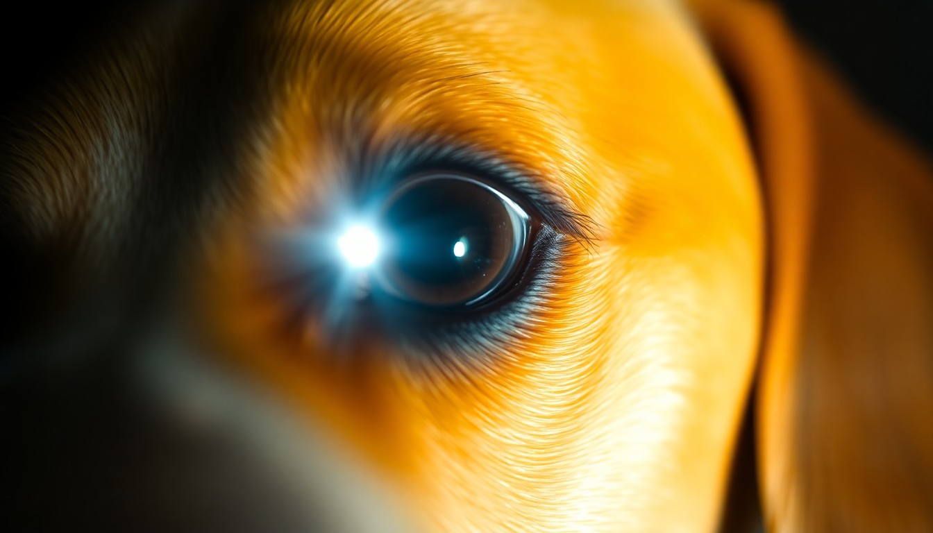 An extreme close-up of a beagle's eye reflecting a harsh camera flash, conceptually representing the investigation into alleged mistreatment at a research breeding facility.