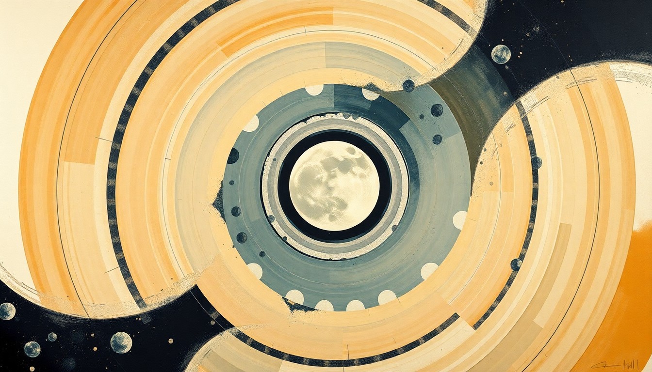 A bold, abstract painting in earthy tones depicting the geometric shapes and waveforms of the Orion spacecraft's journey, conveying the structural order and precision of space travel without any text or diagrams.