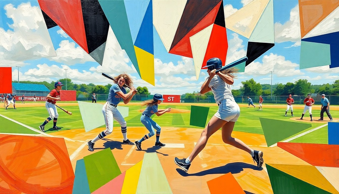 An abstract, cubist-style painting depicting a girls high school softball game, with the players, field, and equipment broken down into sharp, overlapping geometric shapes and planes of color.