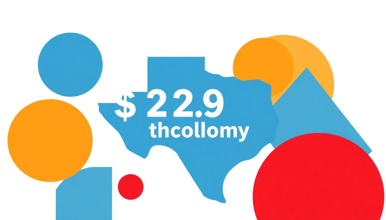 A dynamic abstract composition of overlapping triangles and rectangles in vibrant shades of blue, red, and yellow, conveying the scale and growth of the Texas economy without any literal representations.
