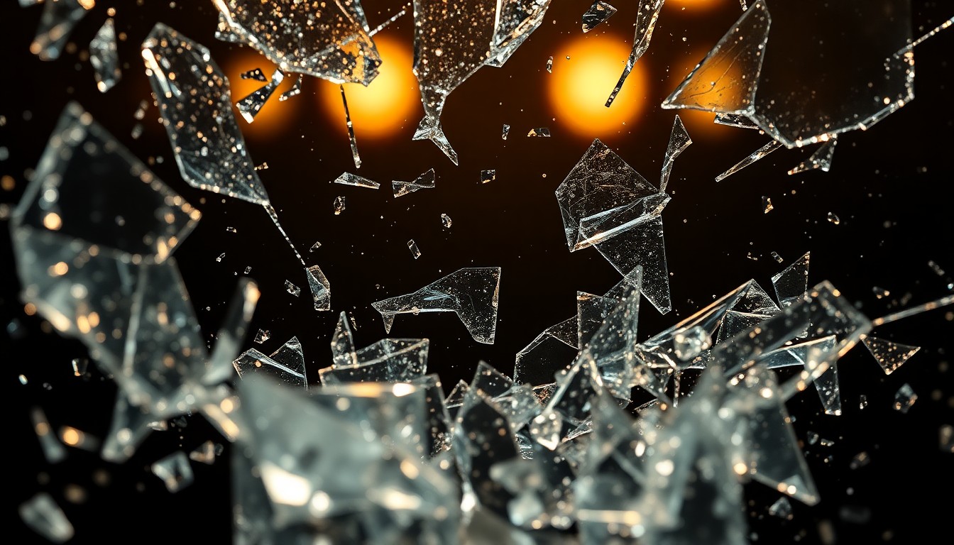 An abstract close-up photograph featuring shards of shattered glass reflecting dramatic studio lighting, conveying the intense, high-stakes action at the heart of the Marshals TV series.